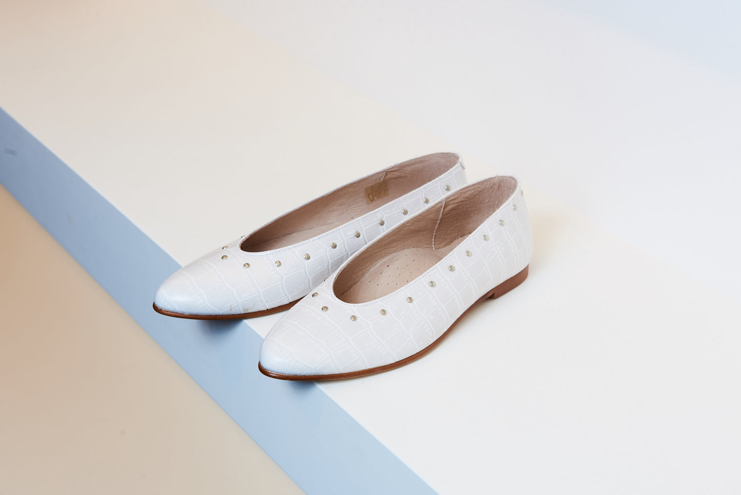 Don Louis White Croc Pointed Flat with Studs - Halo Shoes