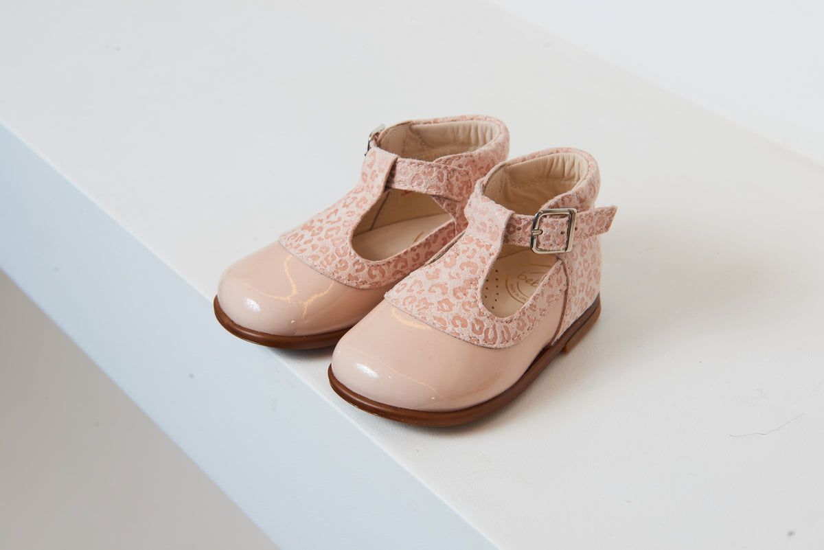 Beberlis Pink leopard  Baby T Strap - Halo Shoes
